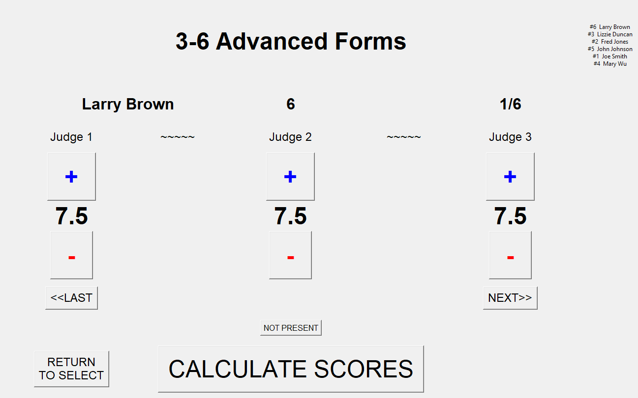 screenshot of a scorekeeping screen with three judges