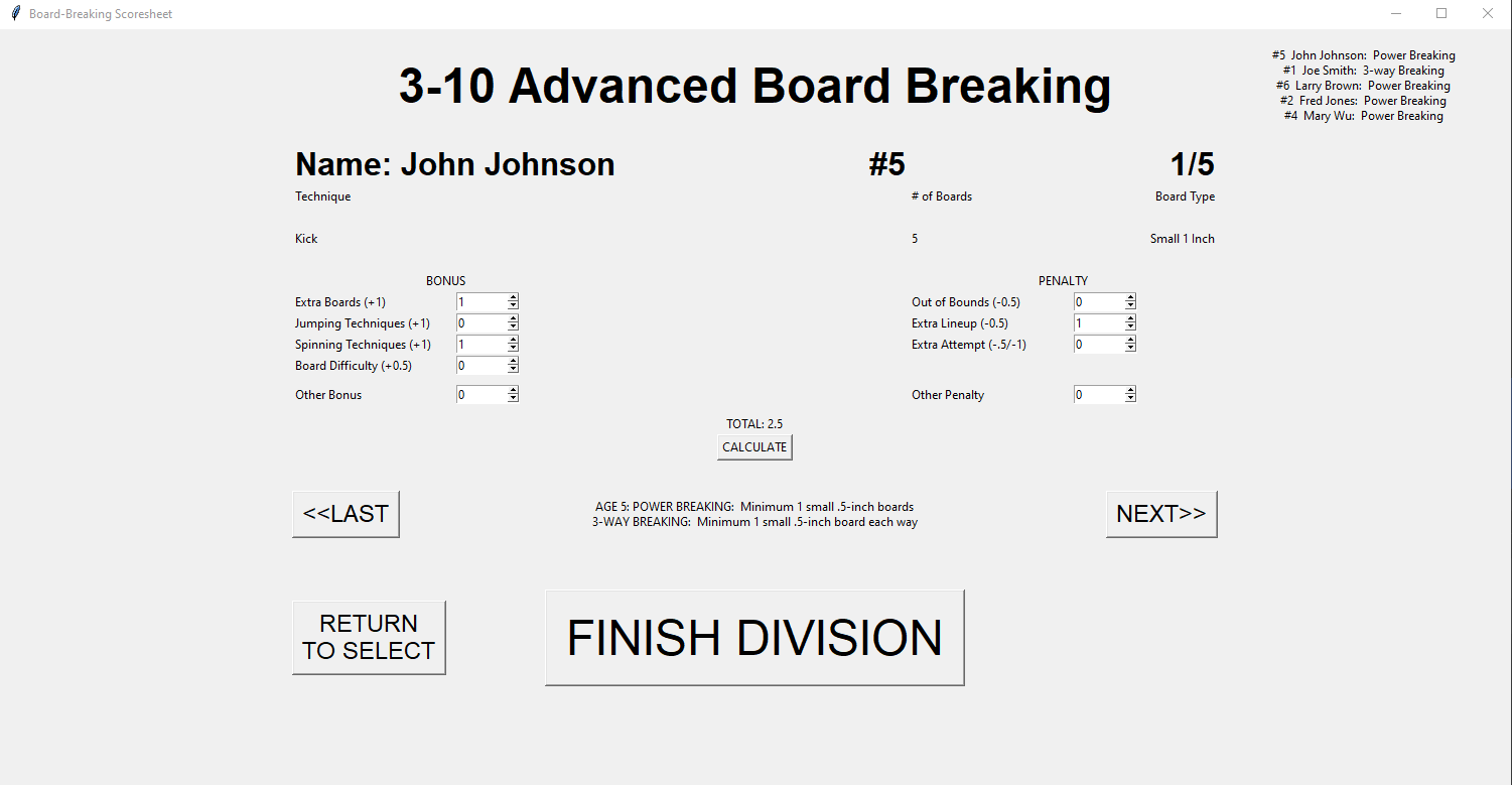 screenshot of the board-breaking scoring form